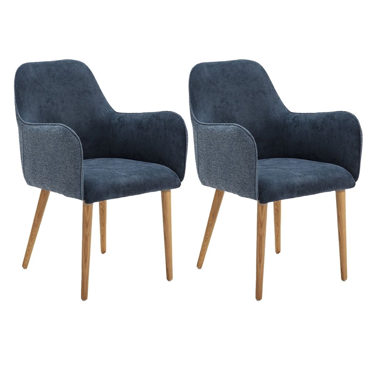 HORIK Lot de 2 Fauteuils Velours Côtelé Bleu Dos Chiné Pieds Bois