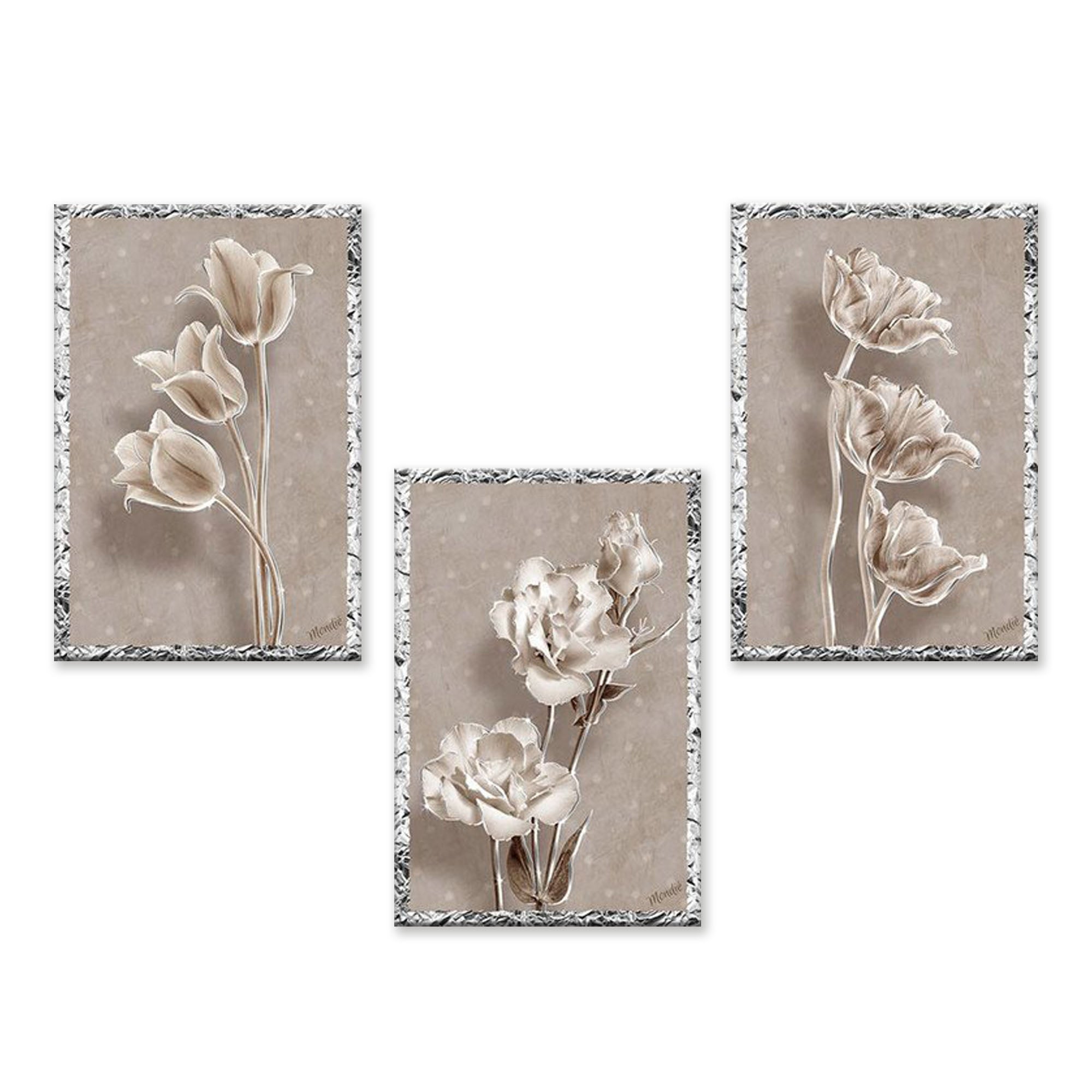 Set 3 Quadri moderni MONDIE' poster su legno con lamina argento Fiori cm  31x46 FLOWERS SHABBY soggiorno, camera da letto