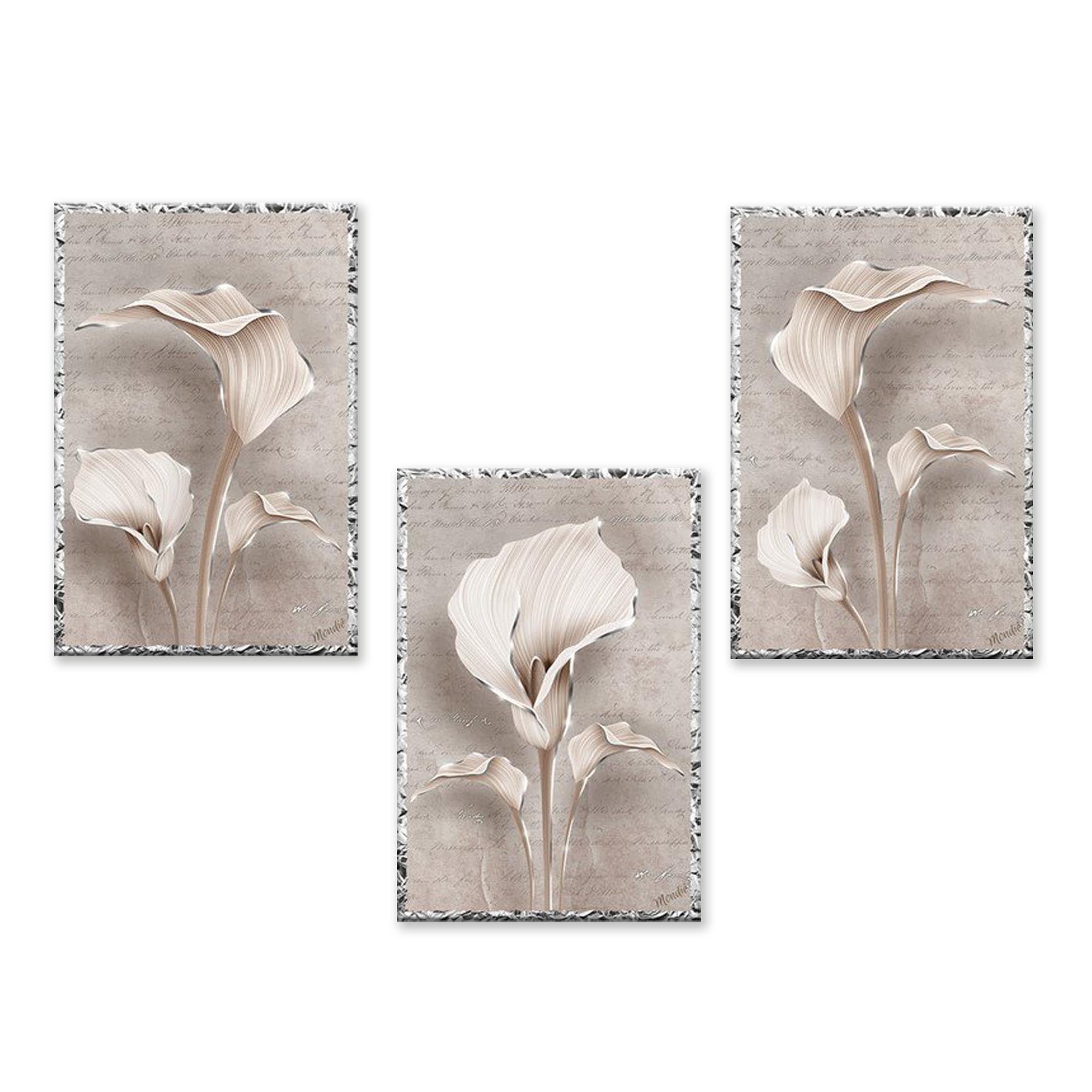 Set 3 Quadri moderni MONDIE' poster su legno con lamina argento Fiori cm  31x46 CALLE SHABBY soggiorno, camera da letto