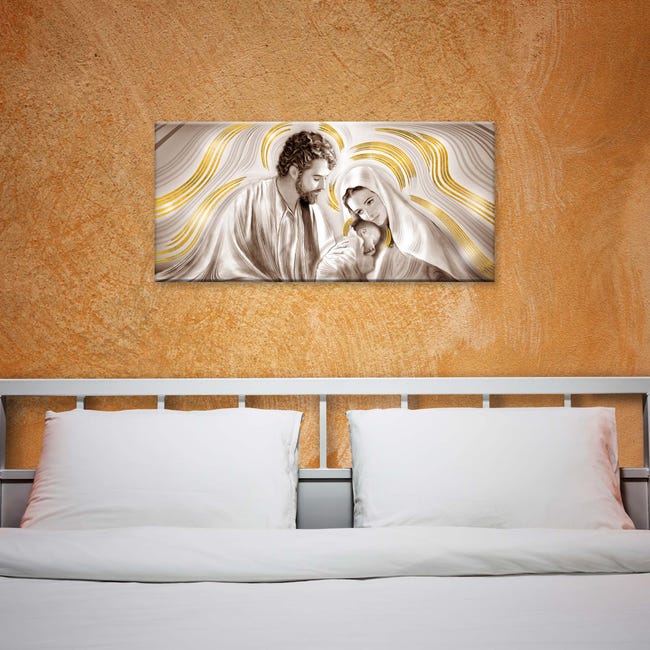 Quadro moderno MONDIE' Sacra Famiglia poster su legno con lamina oro cm  31x66 NATIVITY SHABBY GOLD soggiorno, camera da letto