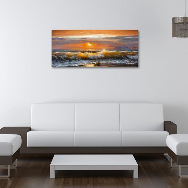 Quadro Moderno con stampa su tela materica a rilievo Mare con onde al  tramonto PICTURES WAVE AT SUNSET 65x143 cm