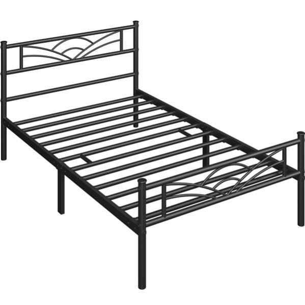 Cadre De Lit Simple 90x200 Cm Avec Rangement – Métal Et Lattes Bois, Tête De Lit Capitonnée – Hauteur Réglable – Moderne Et Solide