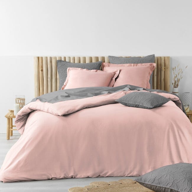 Parure de lit en coton lavé 240x290 cm BICOLORE rose/gris
