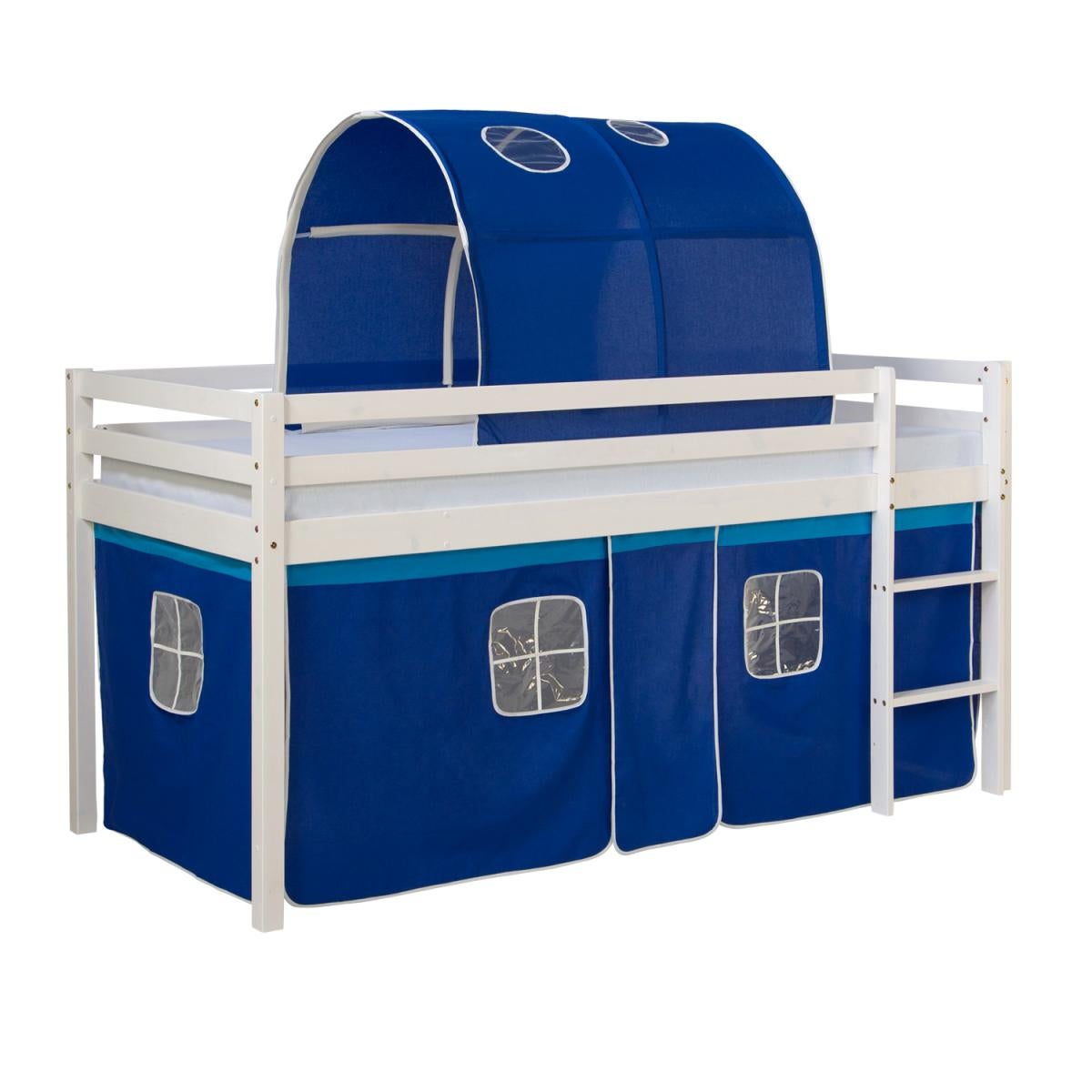 Letto singolo a soppalco per bambini con tende e tunnel Blu