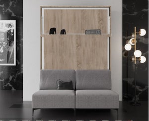 Lit escamotable pivotant 160x200 Seyne1 meuble 3 EN 1 avec BIBLIOTHEQUE  et TABLE pour un studio ou un bureau. - Magasin de meubles gain de place  sur-mesure à Saint-Cyr-sur-Mer - Chez Soi