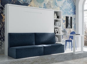 Lit escamotable avec bureau 140x190 cm blanc satiné P 35 cm Kinoa