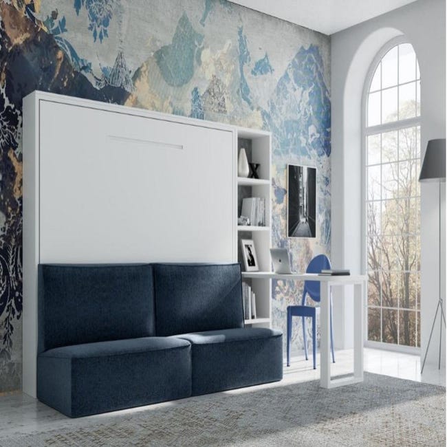 Lit escamotable horizontal avec canapé tissu vetal 140x200-canapé bleu  canard-structure et façade gris ciment - Conforama