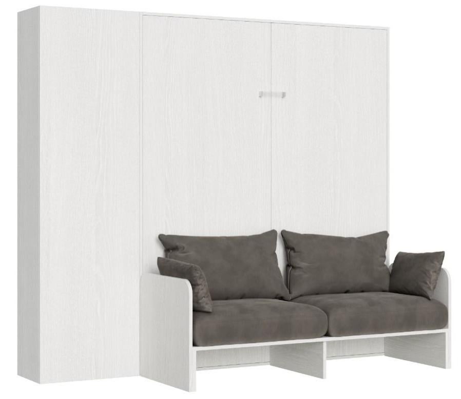 Armoire lit 160x190 cm avec canapé et colonne de rangement bois blanc