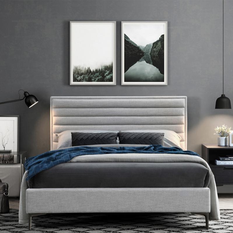 Lit double EMILIA rembourré 160 x 200 cm avec tête de lit en tissu et sommier - Blanc crème | Leroy Merlin