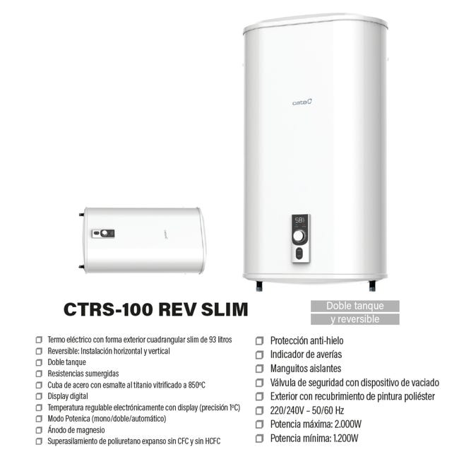 Termo Eléctrico 80 Lts. Reversible Slim Bajo Consumo Mod: CTRS-50-REV SLIM  — Ferretería Luma