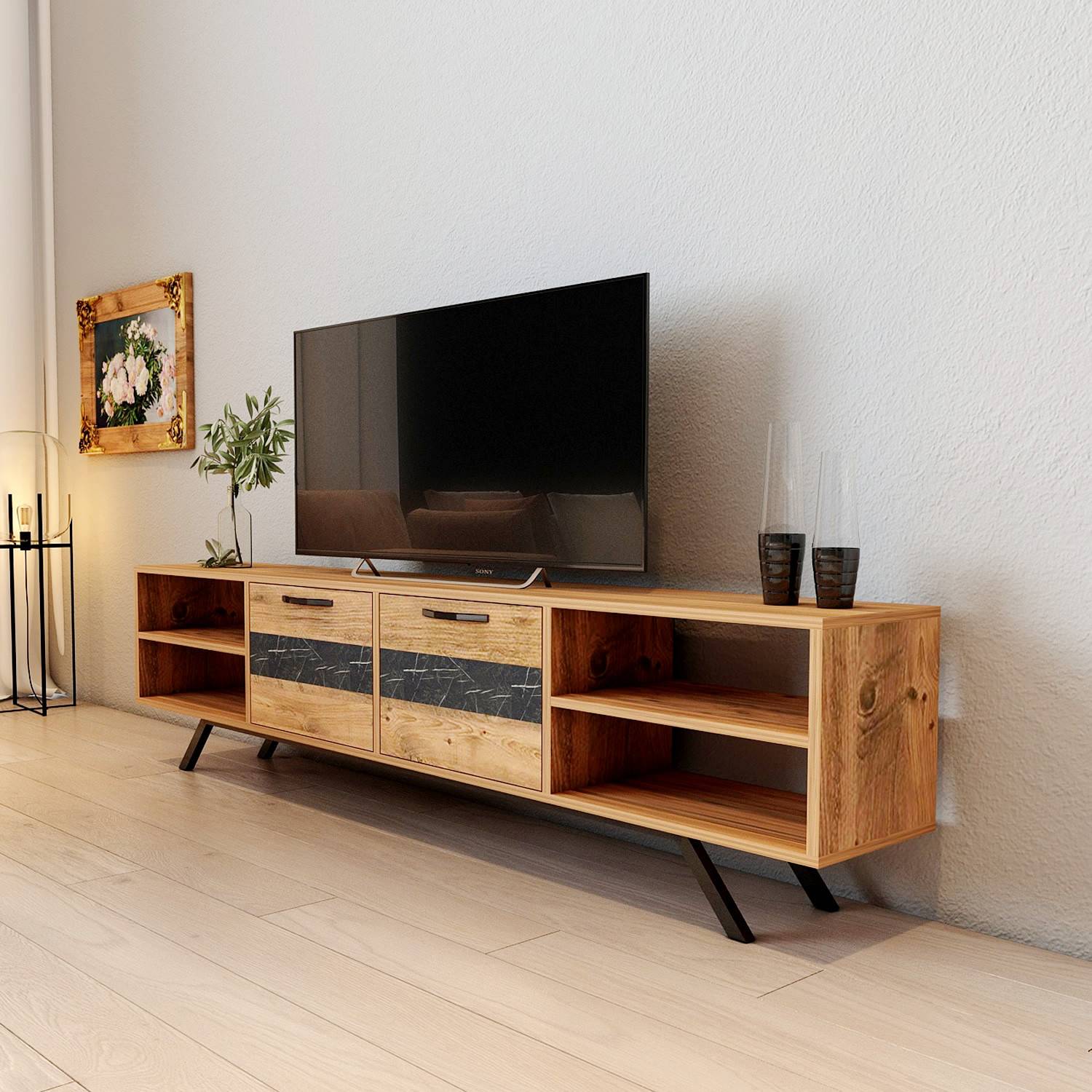 Peter - meuble TV - bois et noir - 154 cm - style industriel