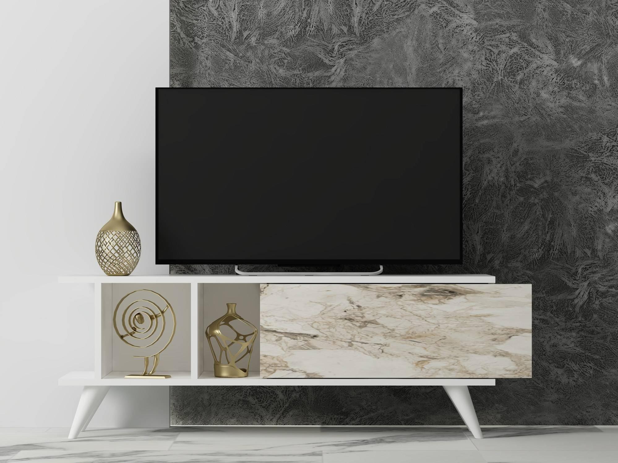Meuble TV design Mira 120cm Blanc et Effet marbre Blanc | Leroy Merlin