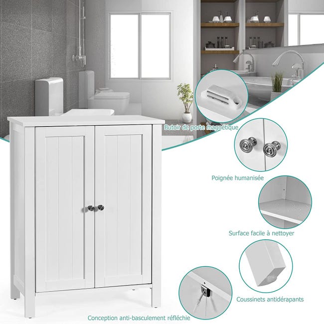 Meuble de salle de bain, armoire de rangement sur pieds avec étagères  réglables, 60 x 30 x 80,5 cm, charge max 30kg, blanc
