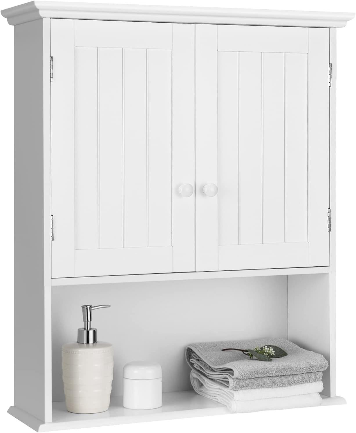 Armoire Murale Salle De Bain MAHANCRIS Avec Miroir LED - Porte-Serviette, Étages Réglables, Blanc 55x17x46 Cm