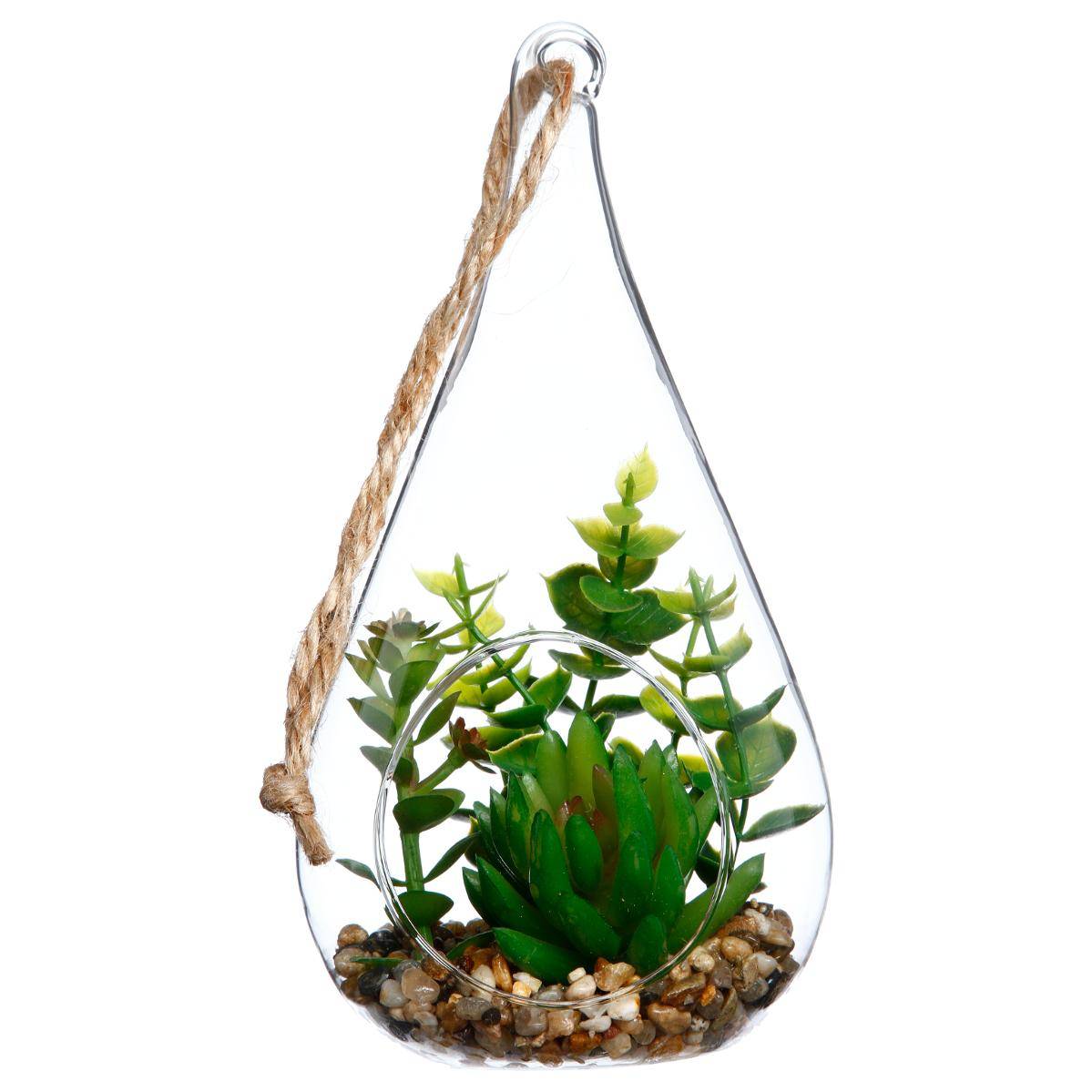 Plante artificielle suspendue - pot goutte en verre - H19 - 5 cm