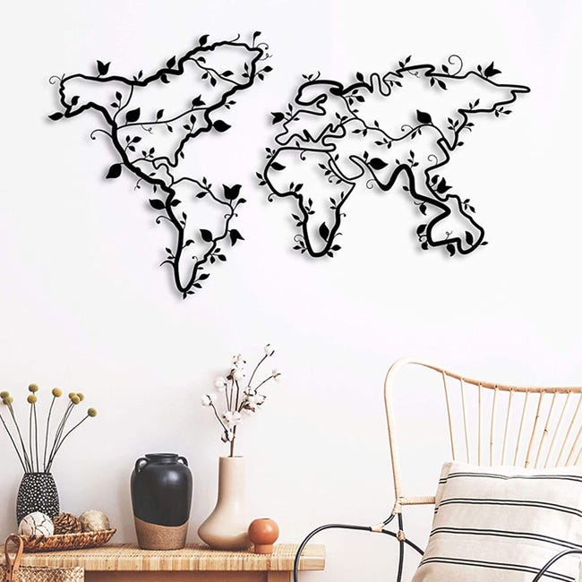 Homemania Decorazione Parete Mappa del Mondo 11 100x53 cm Metallo Nero