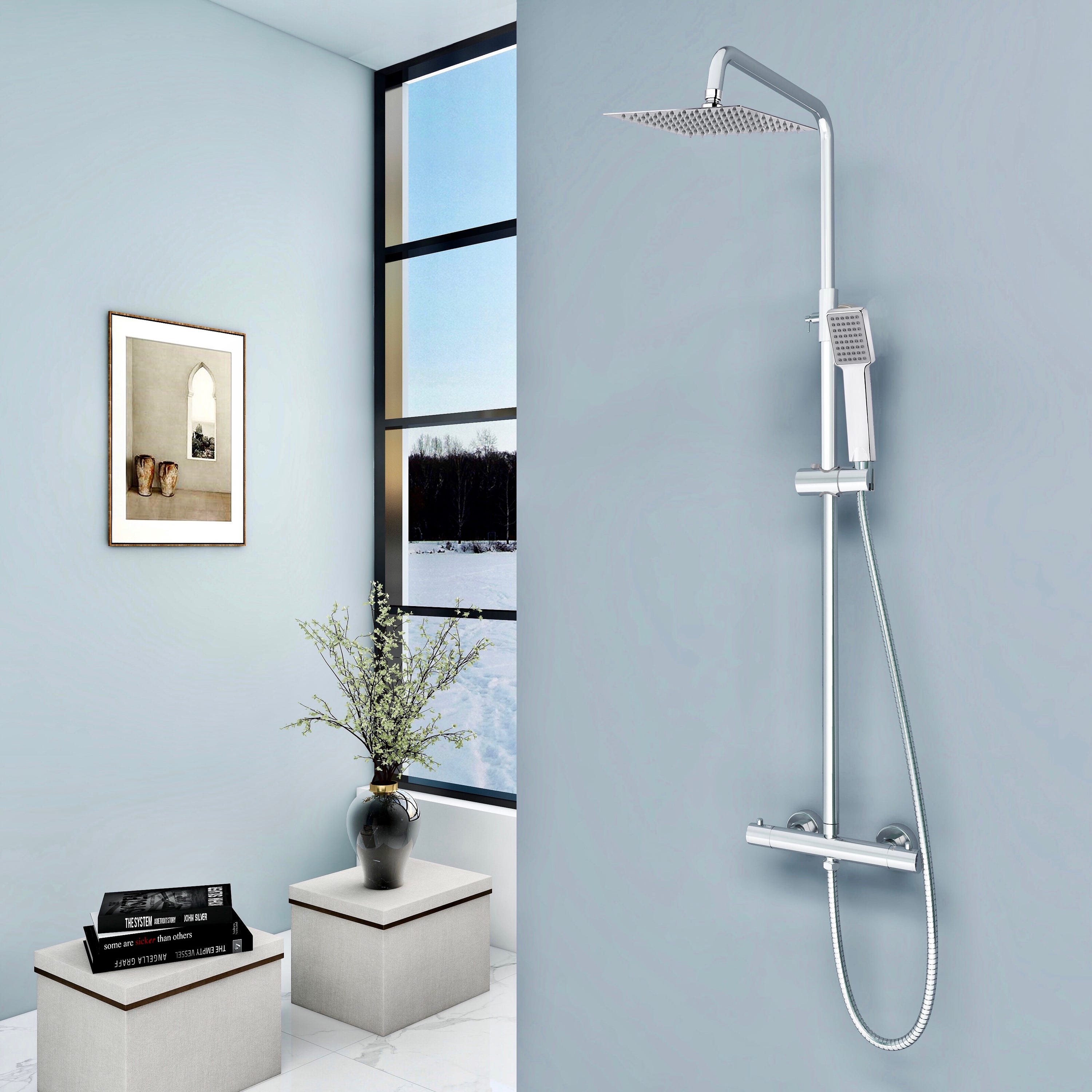 Aica Kit doccia quadrato con rubinetto doccia termostatico in ottone,  altezza regolabile, cromato, anti scotto