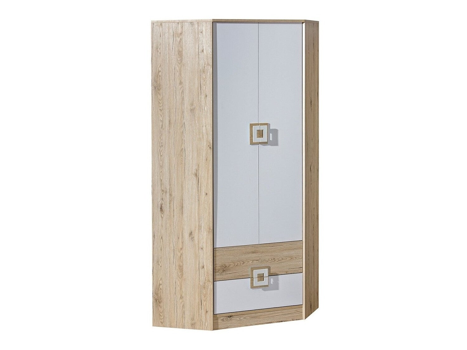 Armario de rincón akron f102, blanco, roble claro, 190x87x87cm, puertas de armario: con bisagras, número de estantes: 3.00
