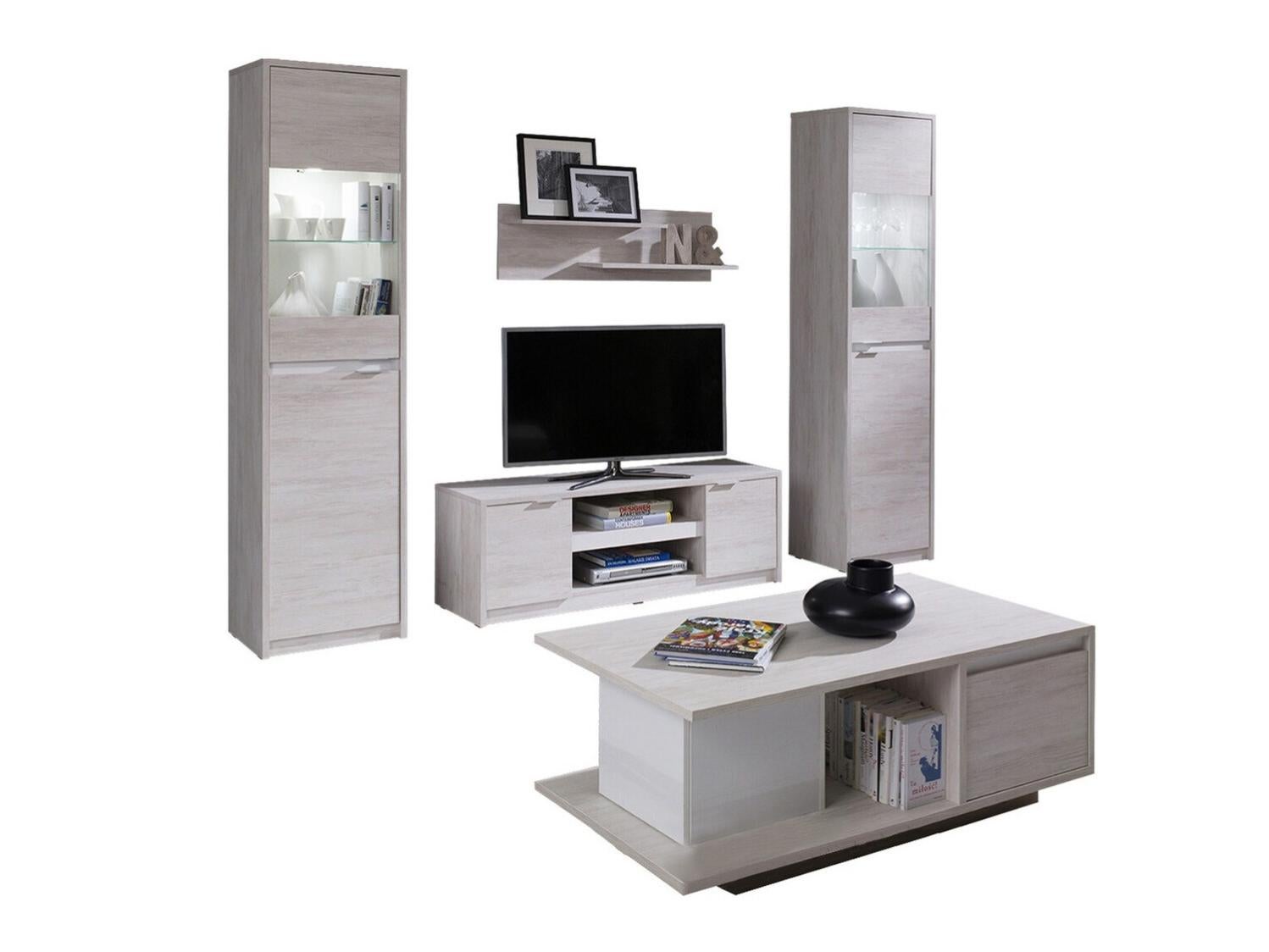 Ensemble de 3 Meubles TV 175 cm, Étagère Murale et Vitrine Suspendue, avec Lumière LED, 3 Portes et Étagères, pour TV jusqu'à 80 pouces - Blanc