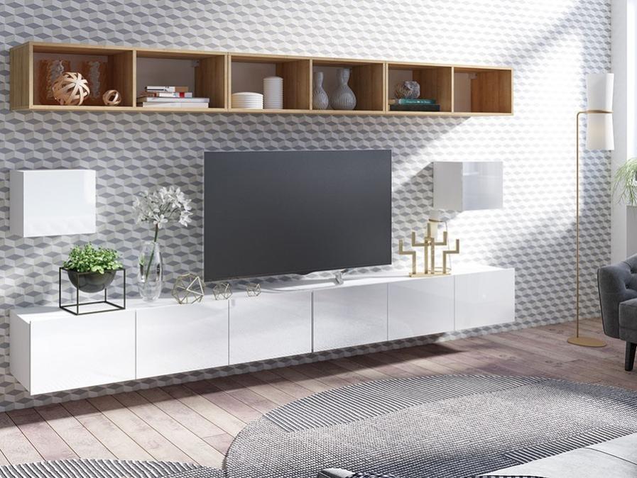 Set Mobili Soggiorno Charlotte E117, Bianco Lucido, Bianco, Con Mobile Porta Tv Con Accessori Aggiuntivi Con Singole Parti 192x43cm 88027360