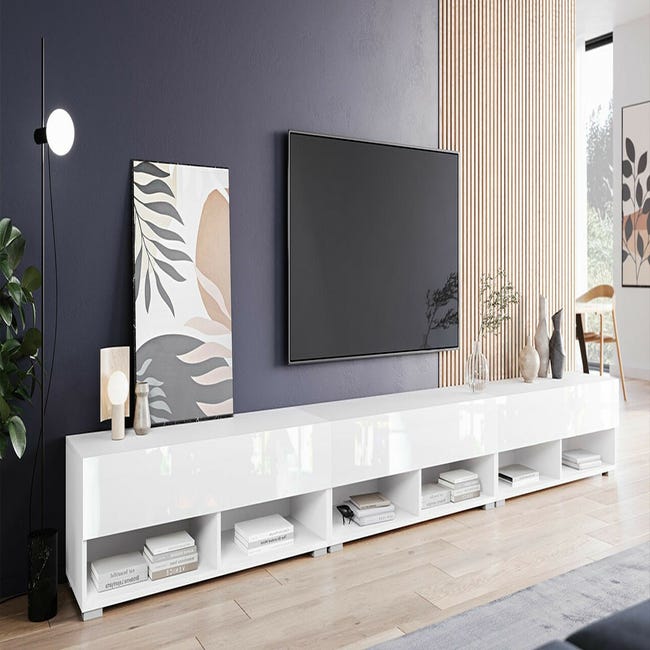 Meuble TV suspendu 175 cm SIMETO blanc mat avec façade rainurée