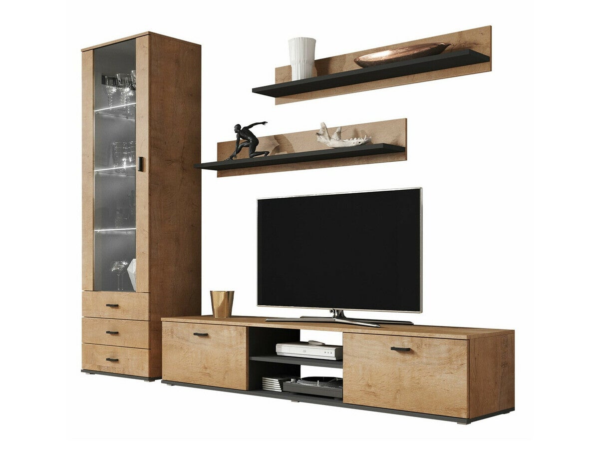 Módulo de salón charlotte e107, lefkas roble, negro, con mesa de tv, con equipo adicional, partes separadas, aglomerado laminado, 192x240x43cm
