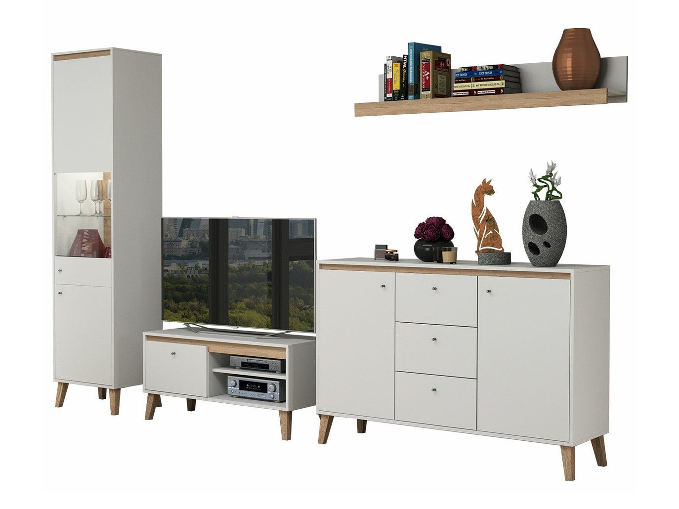 Conjunto de salón providence d121, mate blanco, roble san remo claro, partes separadas, con mesa de tv, con equipo adicional, aglomerado laminado