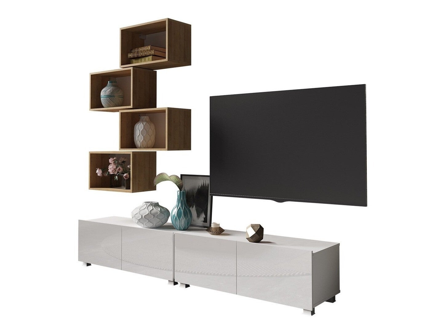 Módulo de salón providence b148, blanco, blanco brillante, roble dorado, con mesa de tv, partes separadas, con equipo adicional, aglomerado laminado