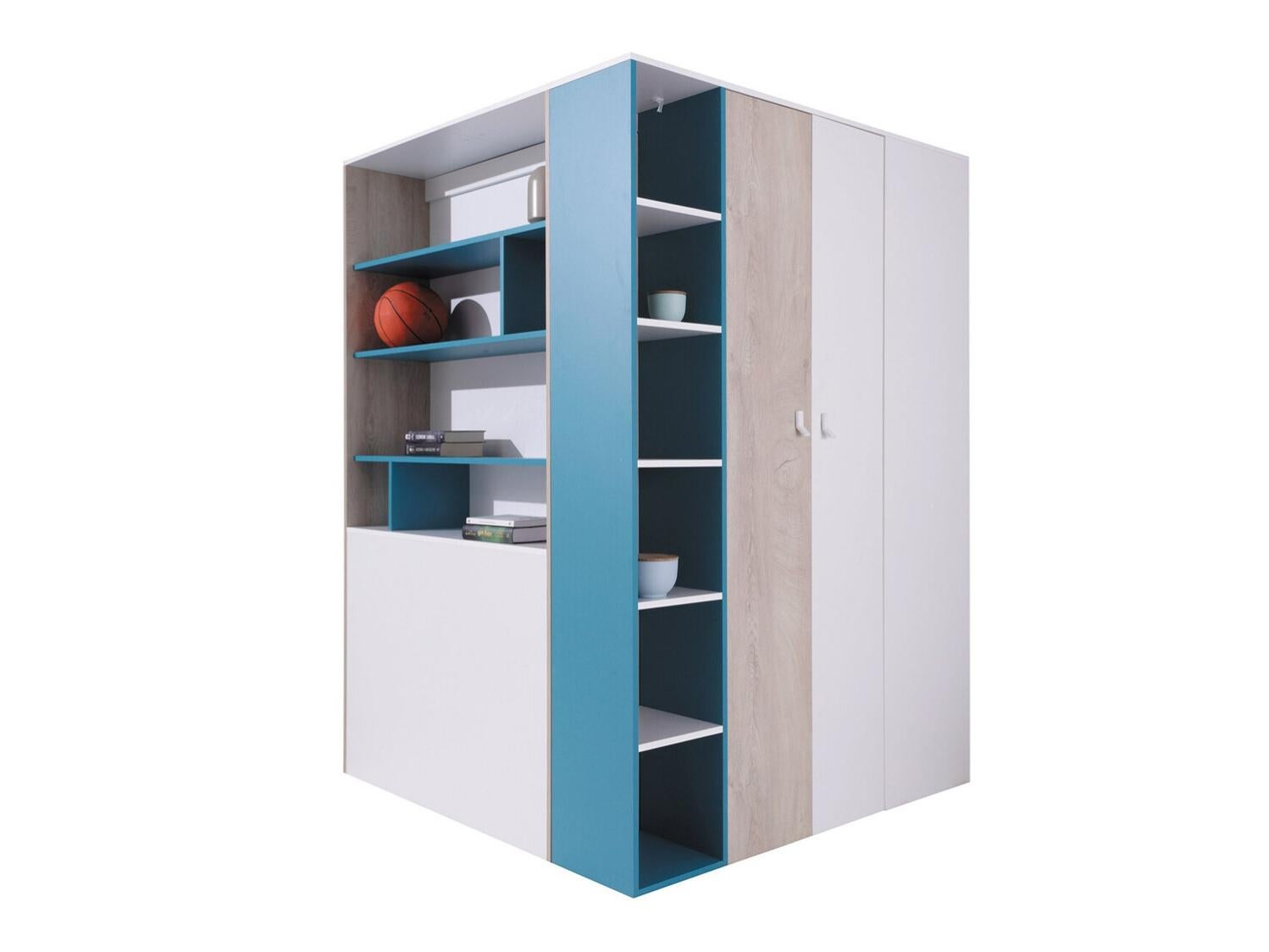 Armoire d'angle Omaha H120, Chêne, Blanc, Turquoise, 190x135x135cm