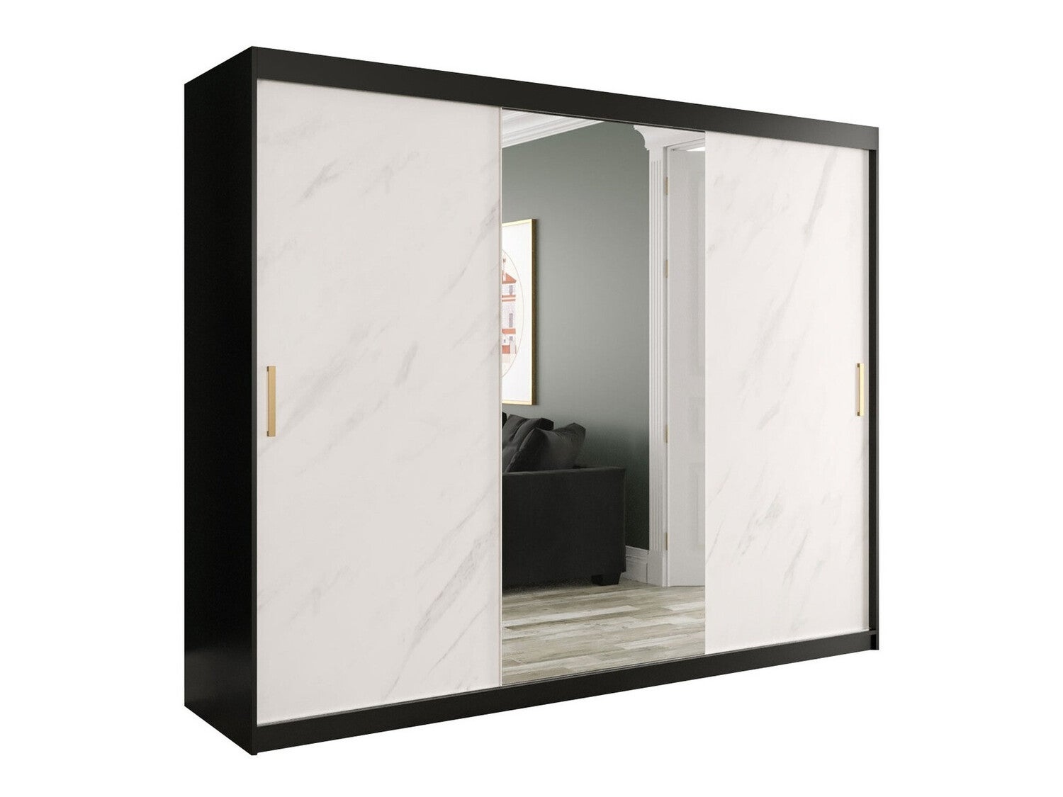 Armoire d'angle KENORA avec 2 portes miroirs en décor blanc mat