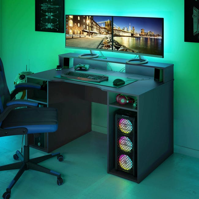 Scrivania Dlucum, Scrittoio multifunzione moderno da Gaming, Tavolo da  studio porta PC e porta CD, 136x67h88 cm, Antracite