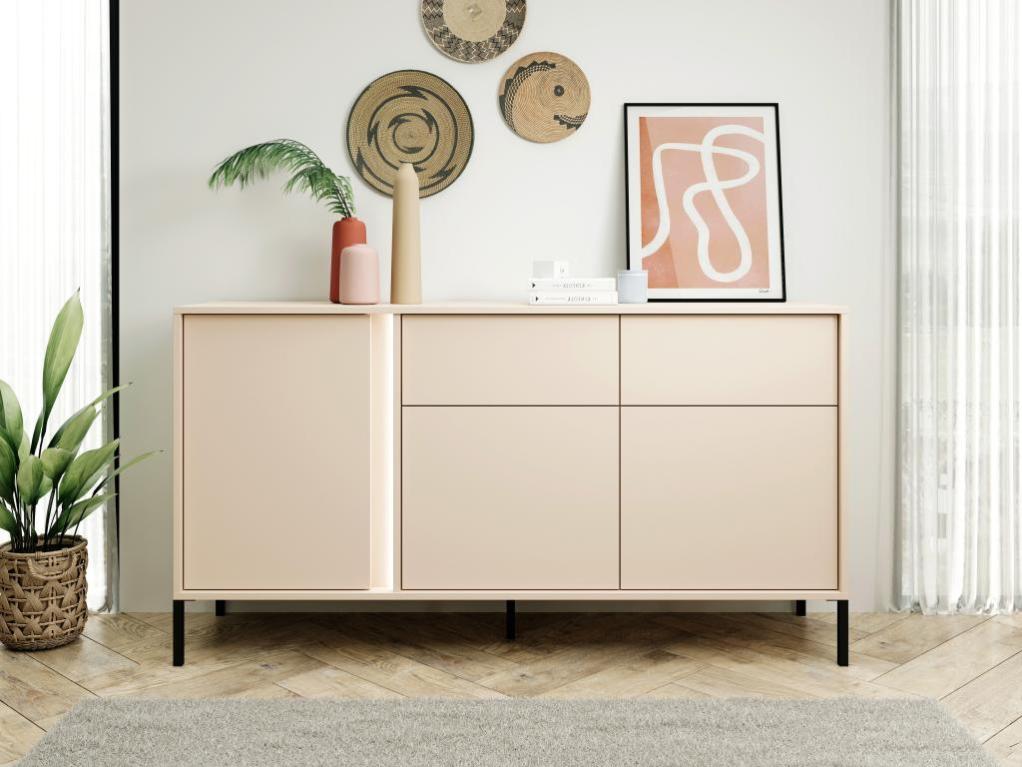 Credenza lucida con 2 ante in vetro e ripiani - LED - per cucina e