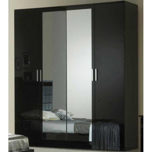 Armoire 4 portes battantes 2 miroirs Laqué Noir Brillant AREZZO L 182 x l 63 x H 210 cm