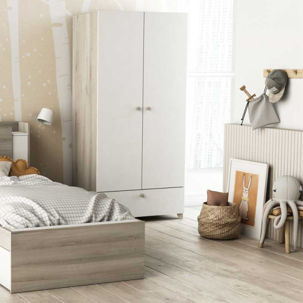 Armoire penderie 2 portes battantes 1 tiroir Blanc mat/Chêne clair ZILY L 90 x l 52 x H 188