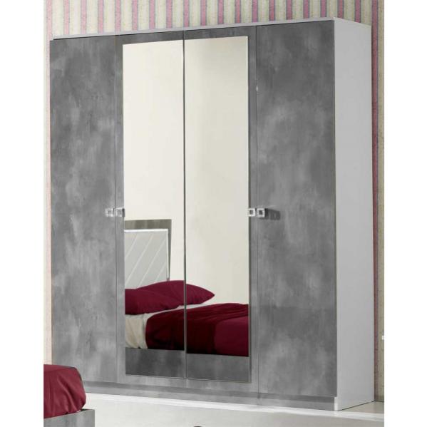 Armoire 4 portes 2 Miroirs Laqué Gris/Blanc Brillant AVELLINO L 182 x l 63 x H 210 cm