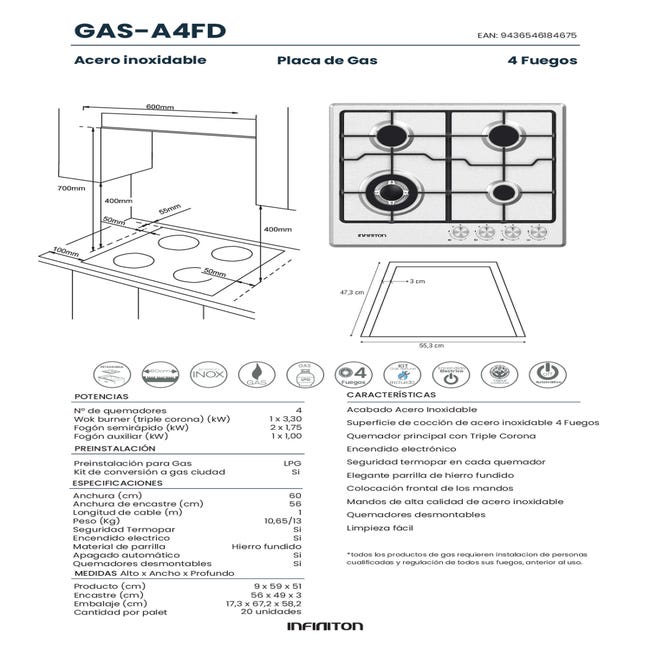Placa gas Infiniton GASDL4 4 zonas 60cm encendido electrónico - parri