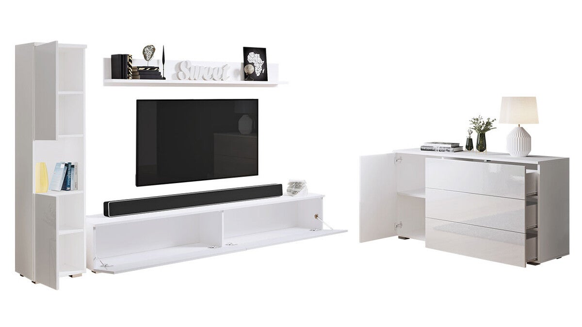 Set mobili soggiorno Sarasota 132, Bianco, Bianco lucido, Con