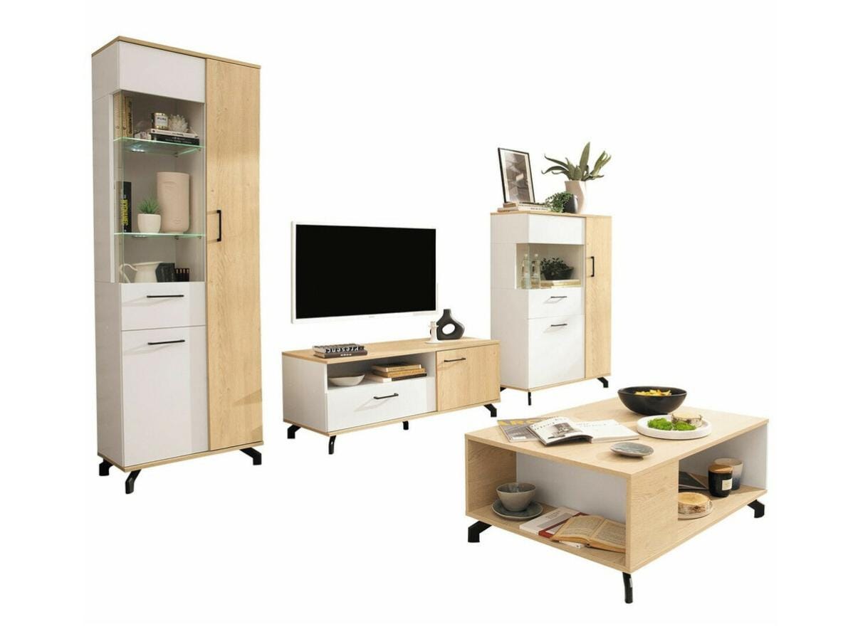 Set mobili soggiorno Omaha S114, Rovere chiaro, Bianco, Con accessori ...