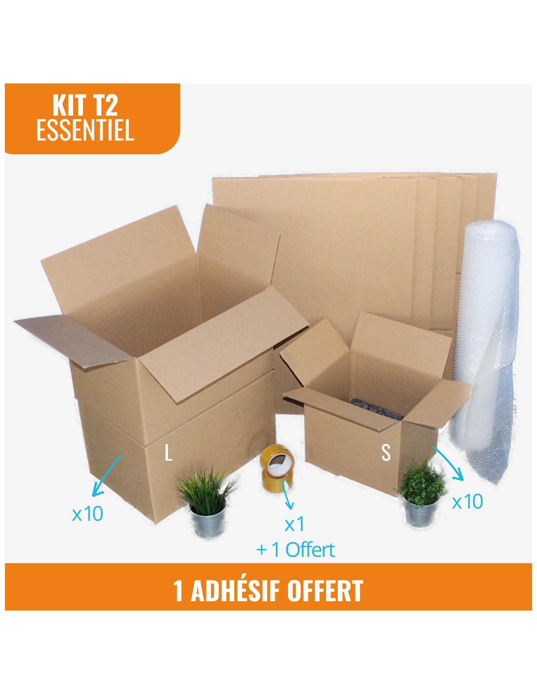 Kit déménagement T2 : 30 cartons (20 grands + 10 petits ) + 2 adhésifs dont  1 offert + 1 bulle