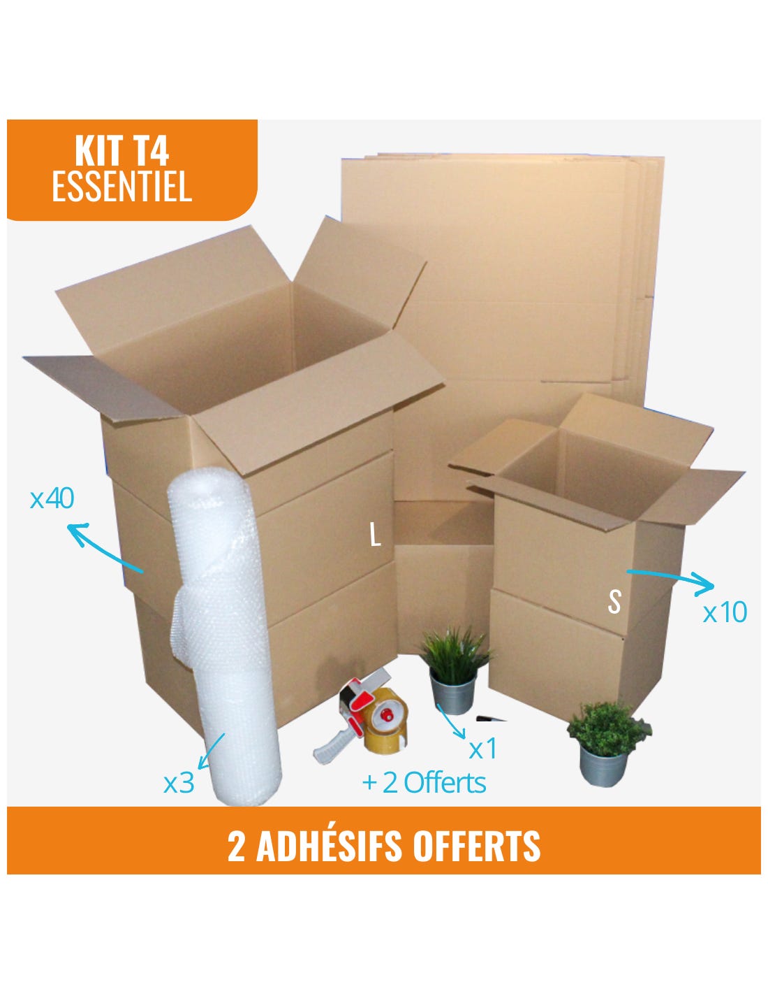 Kit déménagement T4 : 65 cartons (40 grands + 20 petits) + 3