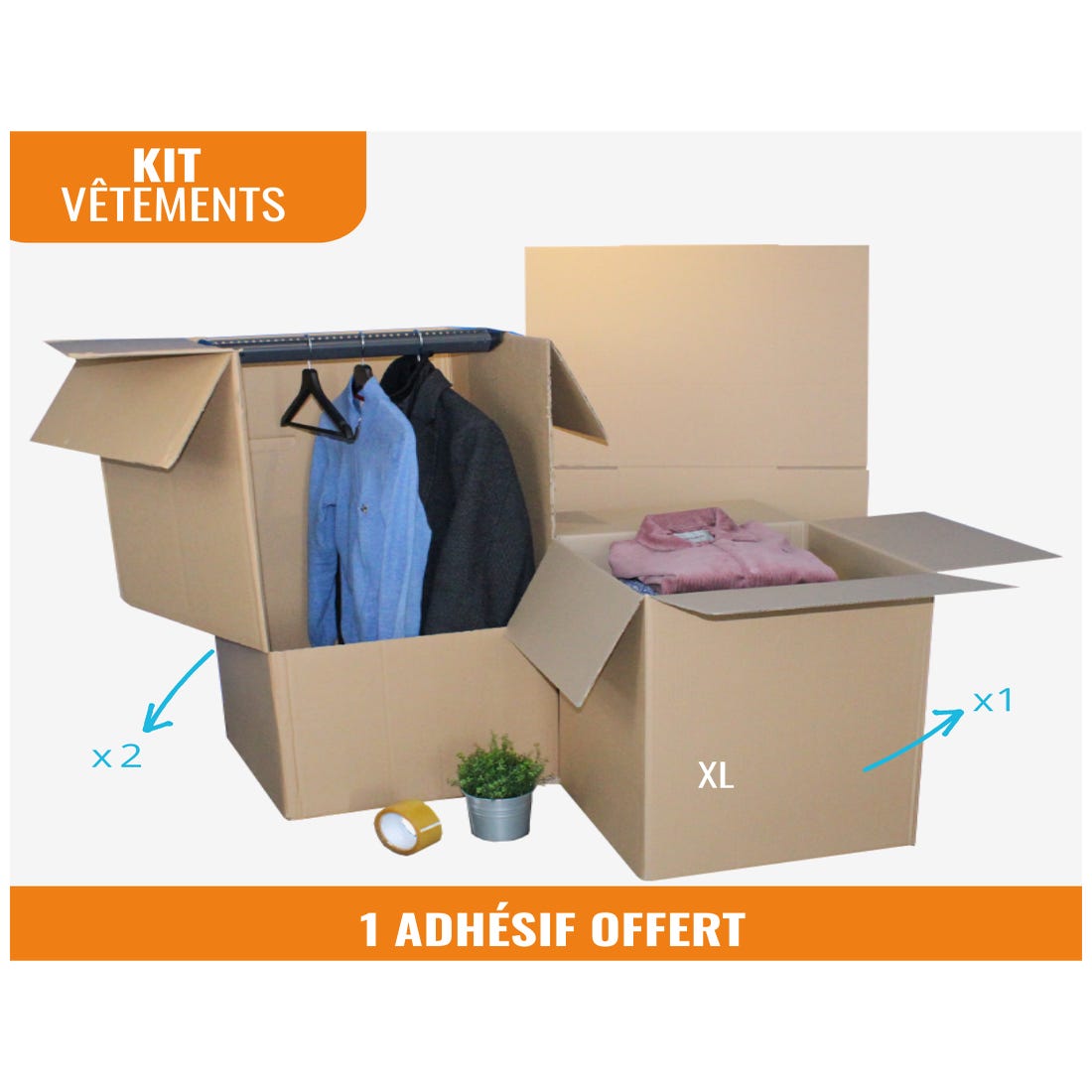 Kit déménagement vêtements : 2 penderies + 1 carton XL + 1 adhésifs