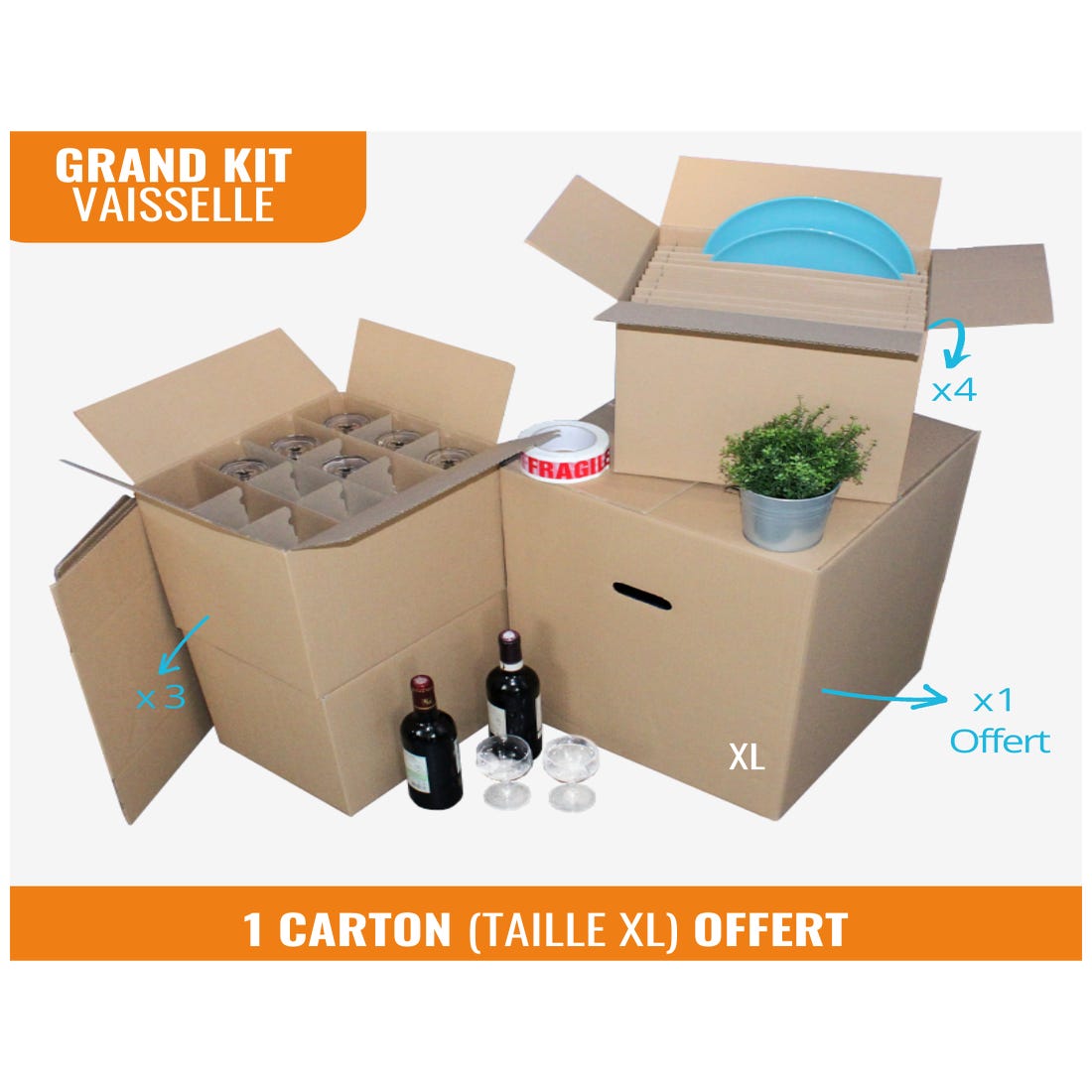 Grand kit déménagement vaisselle : 1 cartons XL + 3 cartons 24 verres + 4  cartons 12 assiettes + 1 adhésif fragile