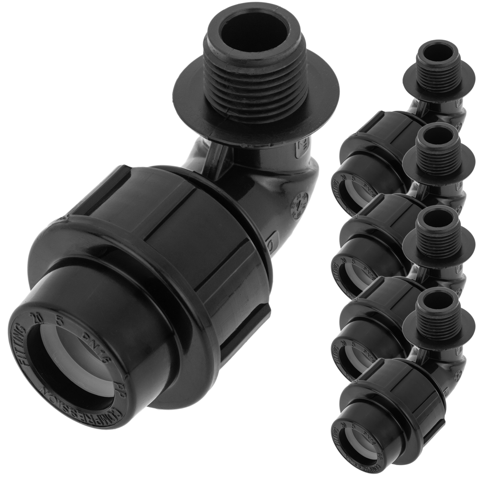 Pack de 5 unidades terminal de rosca macho acodado de polietileno 25 mm x 3/4 para sistema de riego