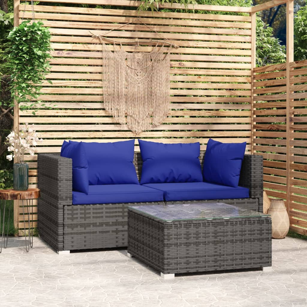 Set Divani da Esterno 3 pz con Cuscini in Polyrattan Grigio