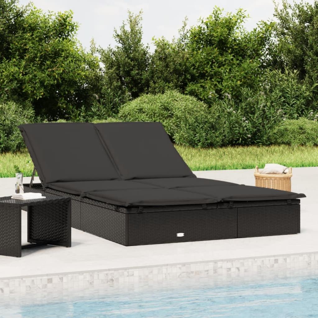Lettino Prendisole con Cuscino e Ruote in Polyrattan Nero FECD861803