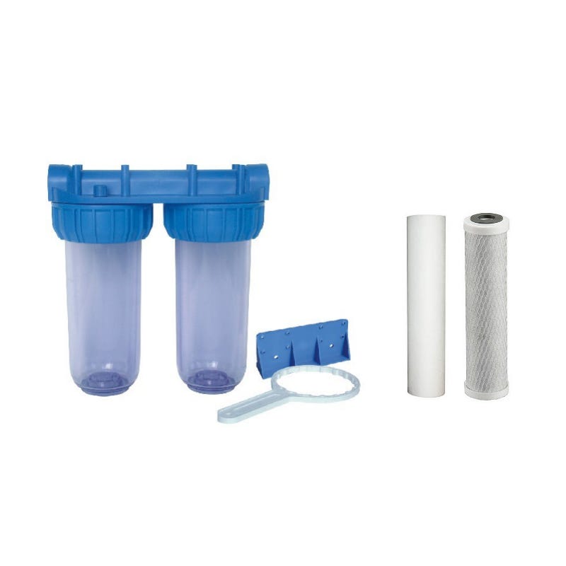 Pack de filtration d'eau double porte filtre plus filtre anti sédiment 10  microns et filtre à charbon 5 microns