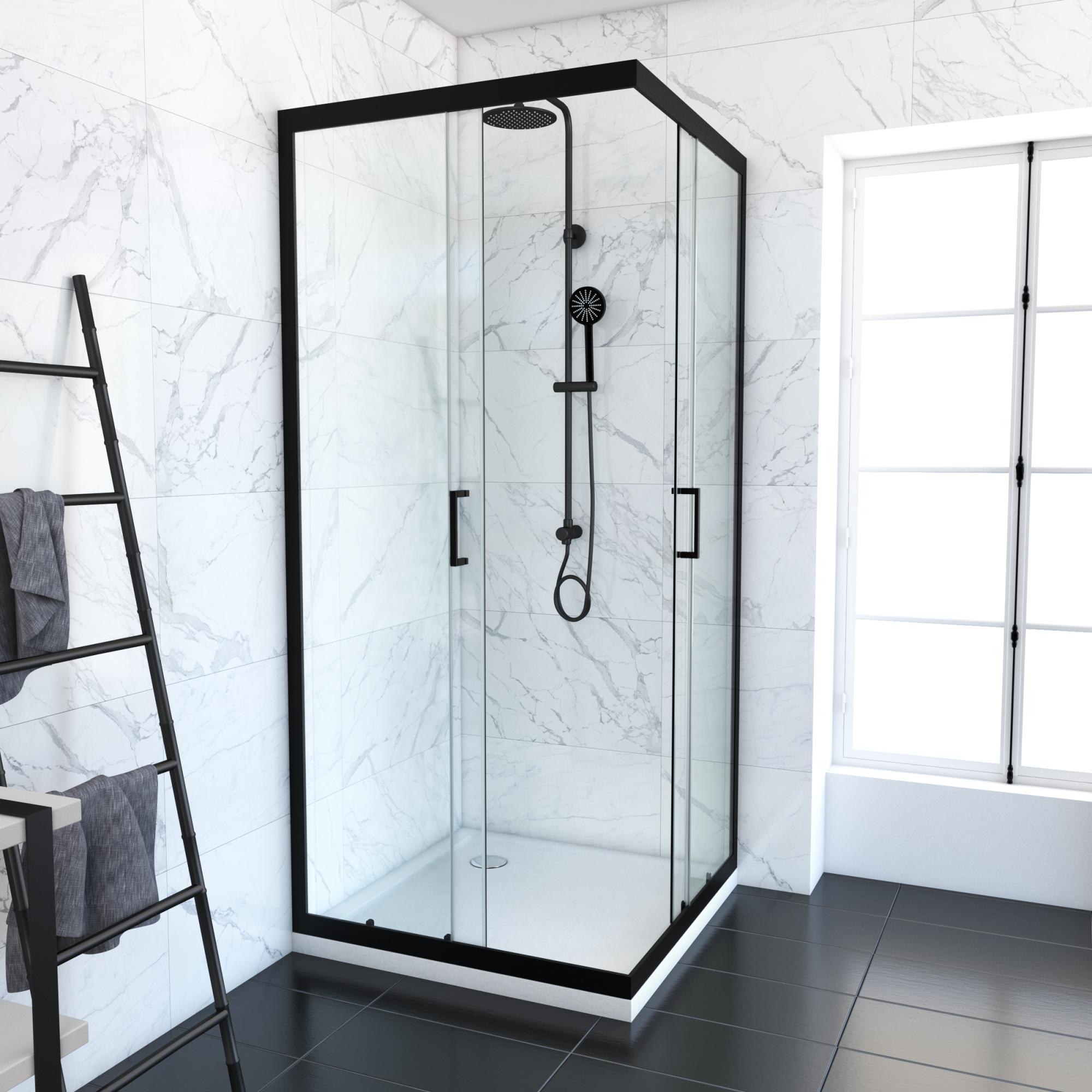 PACK PAROI PORTE DE DOUCHE D'ANGLE+ RECEVEUR A POSER90x90 OUVERTURE EN