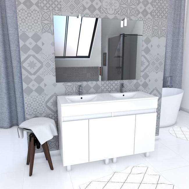 Ensemble Meuble De Salle De Bain Blanc 120cm Sur Pied Vasque Ceramique Blanche Miroir Led Leroy Merlin