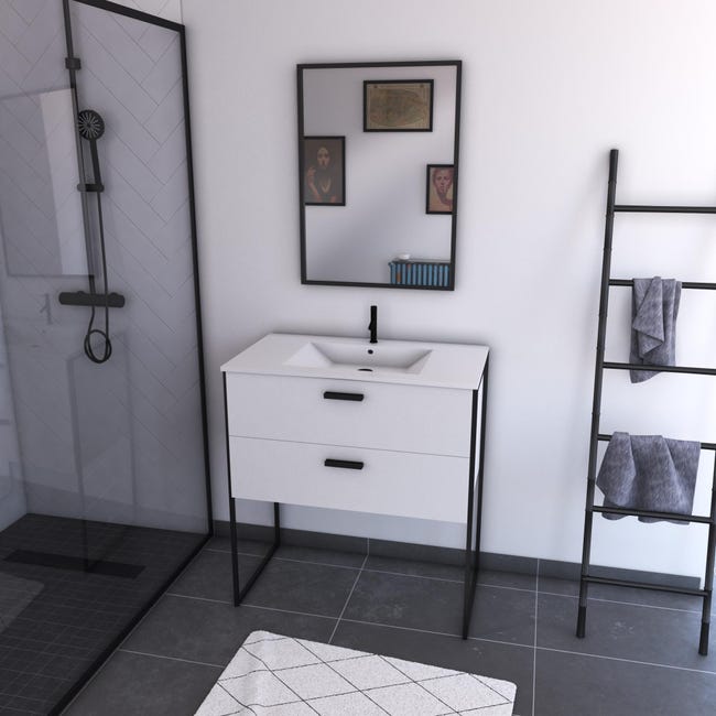 Ensemble Meuble De Salle De Bain Blanc Avec Pieds Style Industriel 2 Tiroirs Vasque Blanche Leroy Merlin