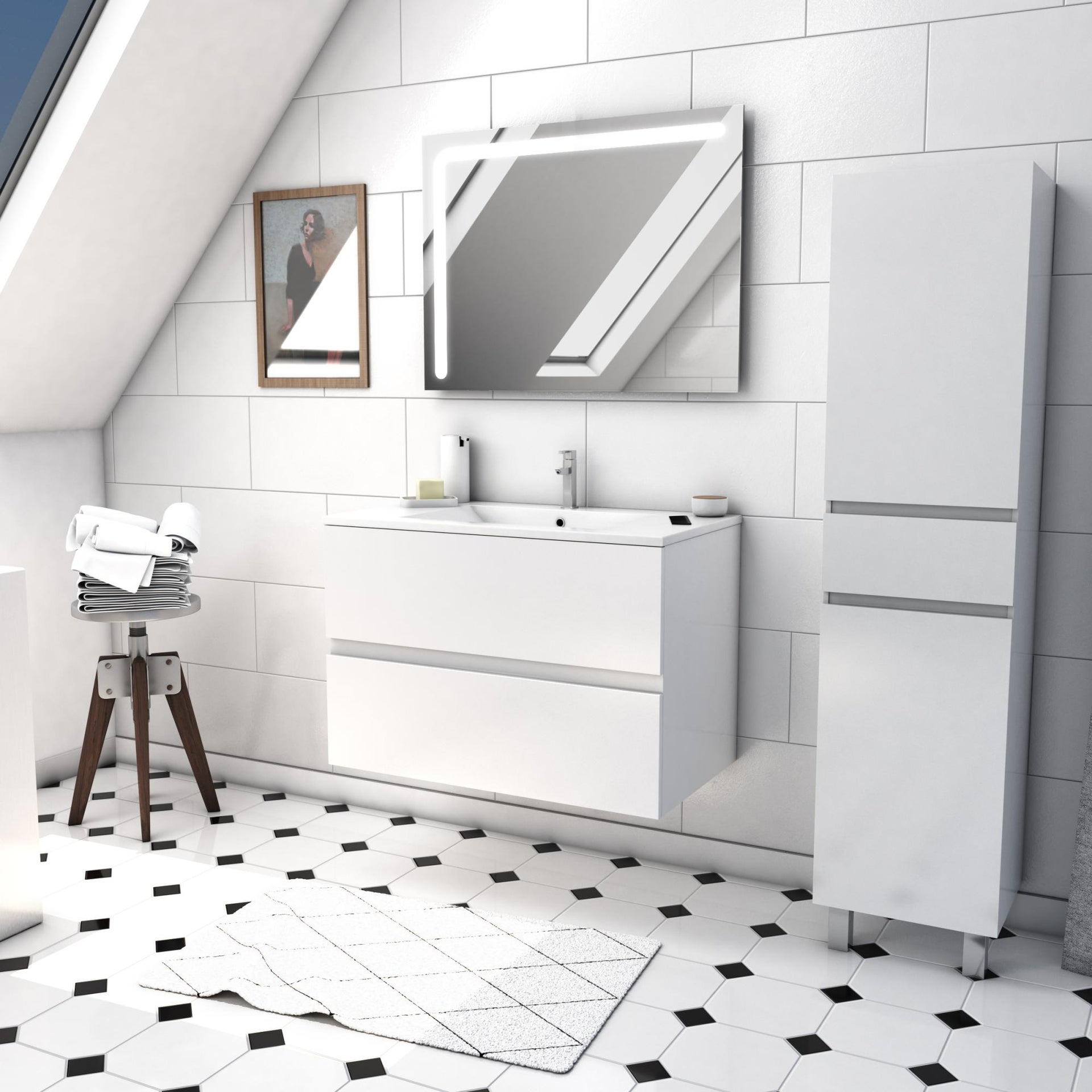 Ensemble Meuble De Salle De Bain Blanc 80 Cm Suspendu 2 Tiroirs